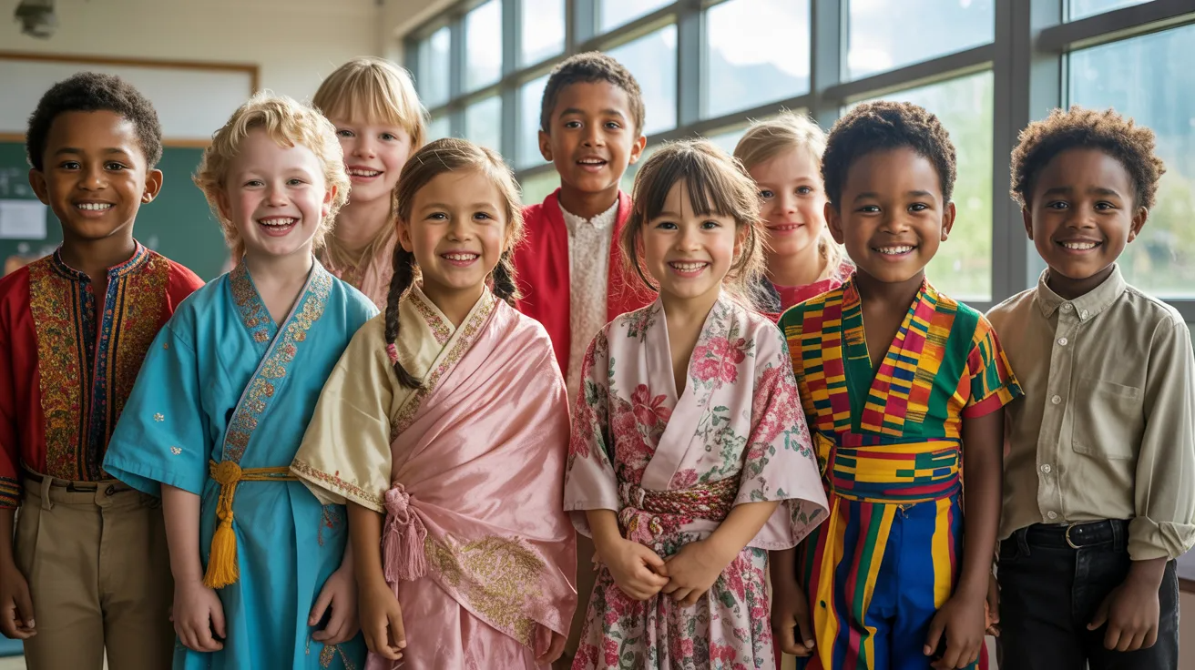 Children wearing traditional cultural clothing from different countries during cultural dress up day.