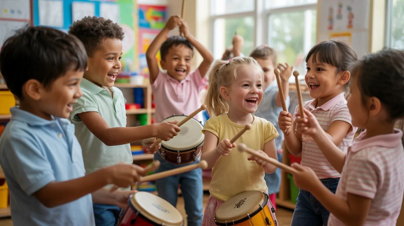 Children dancing and playing instruments during global music activity.