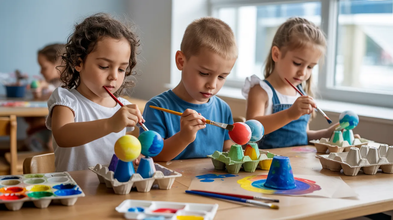 Children painting egg carton cups as solar system planets.