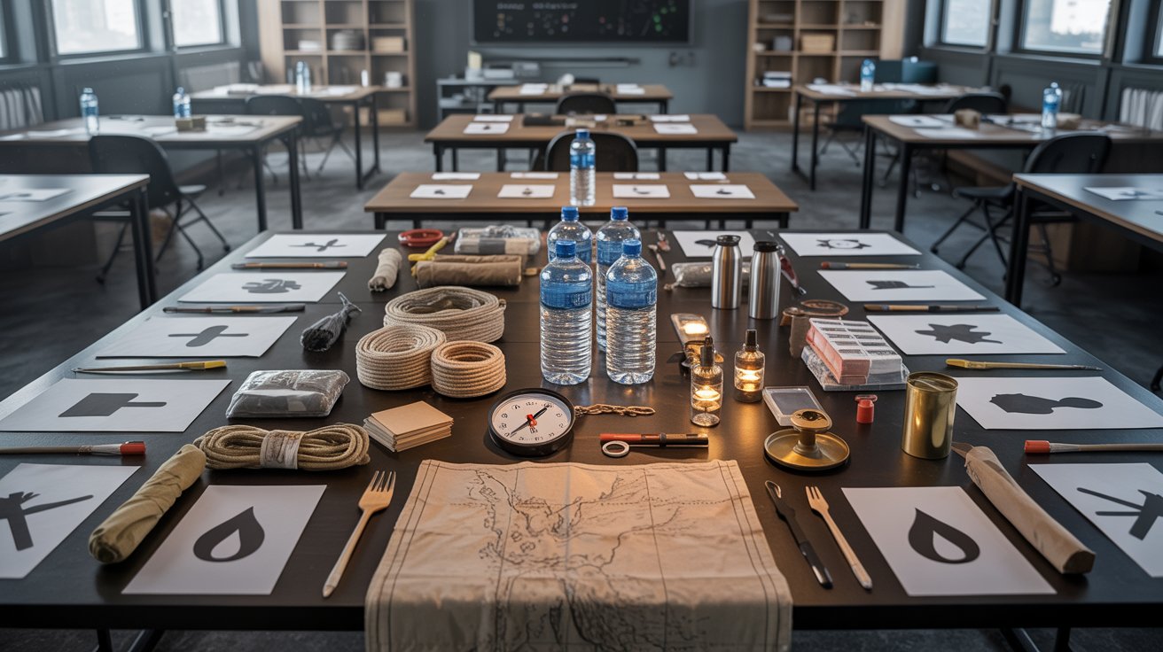 A table cluttered with various supplies, including a Water bottle and other survival tools.