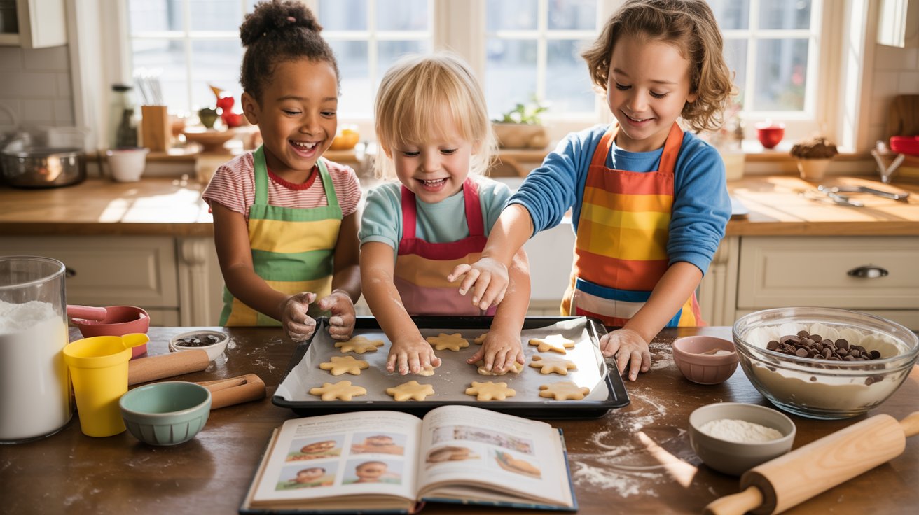 Children in aprons joyfully baking cookies together in a bright kitchen, surrounded by ingredients and baking tools.