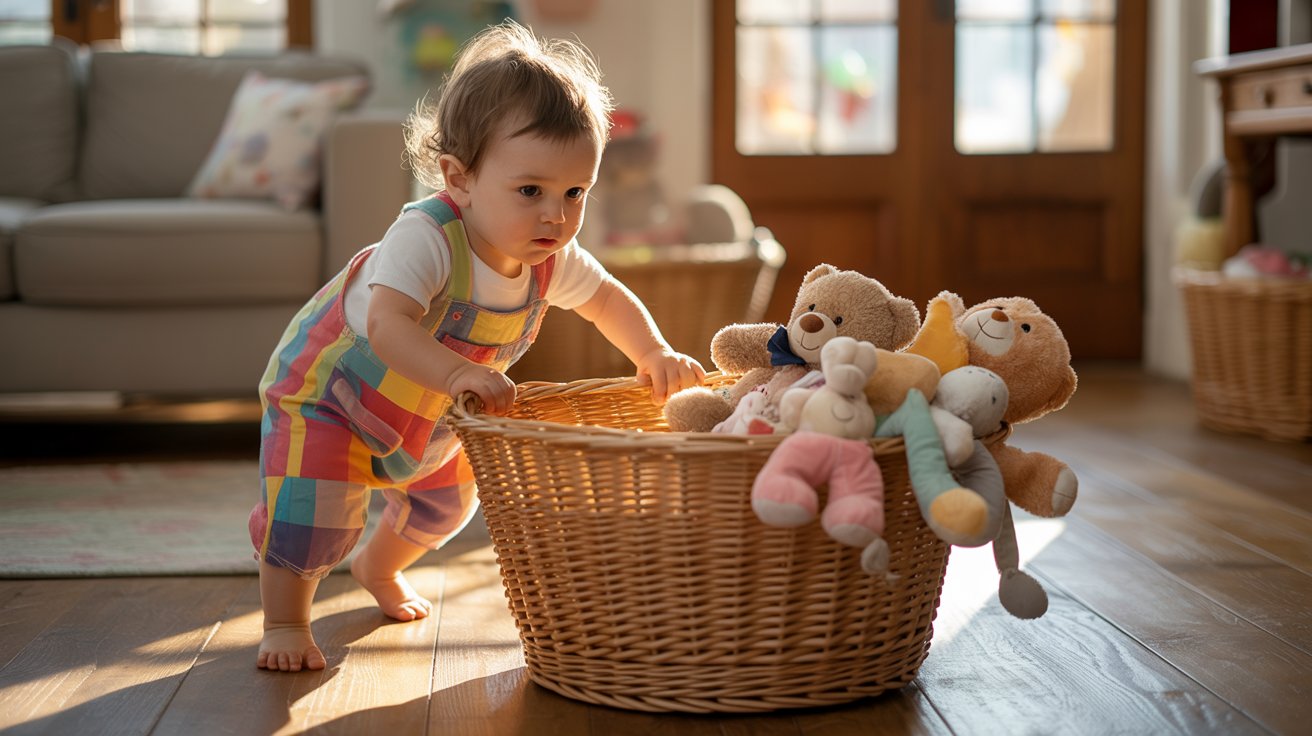 A baby joyfully plays with colorful stuffed animals nestled in a woven basket.