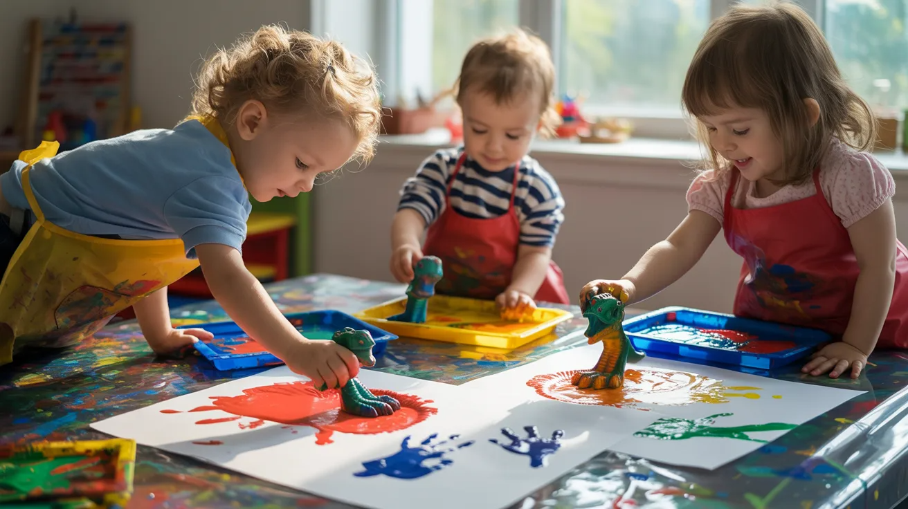 Preschool children stamping dinosaur footprints with paint using toy dinosaurs.