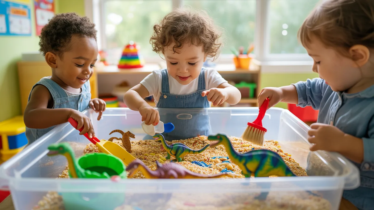 Preschool children digging in a dinosaur sensory bin filled with sand and rice, searching for small toy dinosaurs using scoops and brushes.