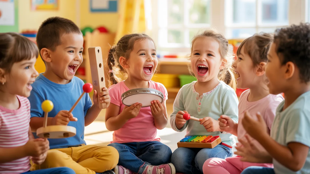 Children singing and playing simple musical instruments while learning, joyful classroom music activity, bright warm tone.
