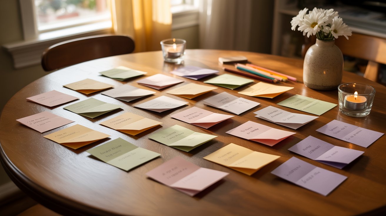 A table covered with colorful post-it notes in various sizes and shapes, showcasing ideas and reminders.