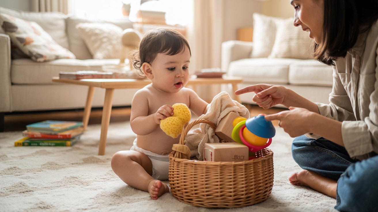 toddler exploring texture basket with different materials