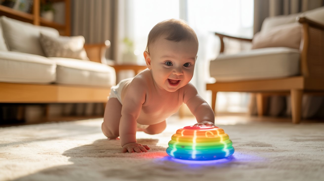 A baby crawling on the floor, reaching for a colorful toy nearby.