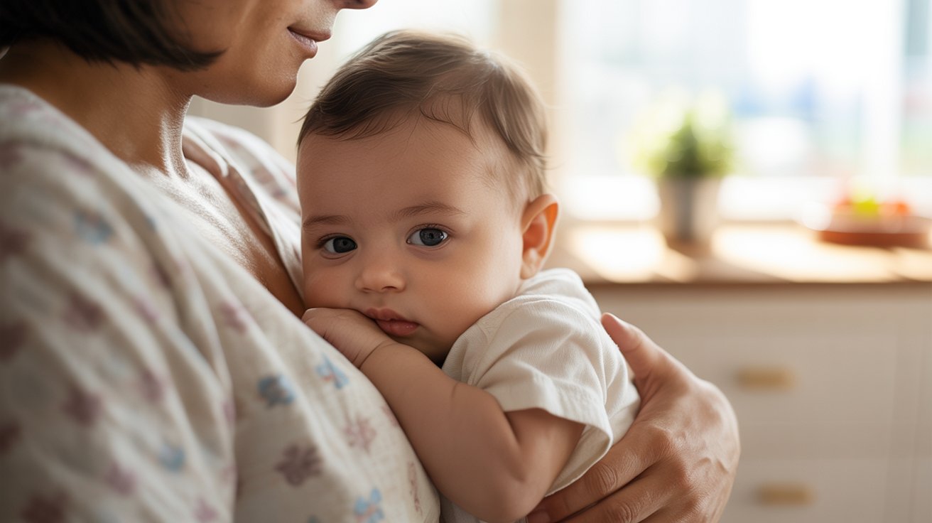 Baby calming down when held closely by parent