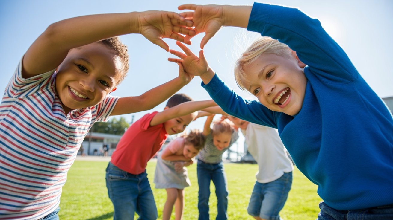 Children walking under an arm arch during a playful group game