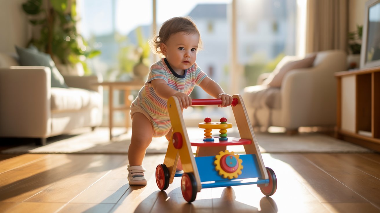 toddler using push toy for walking practice