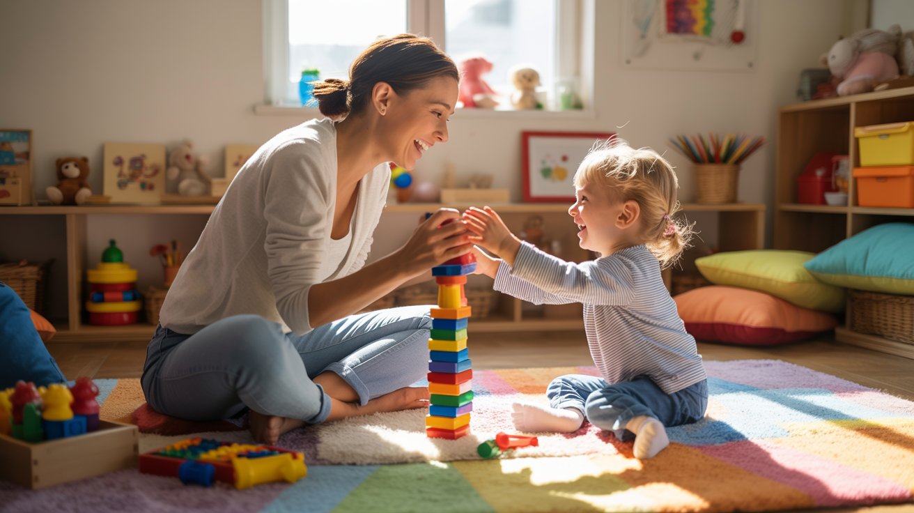 A woman and a child joyfully playing together in a colorful playroom filled with toys and soft furnishings.