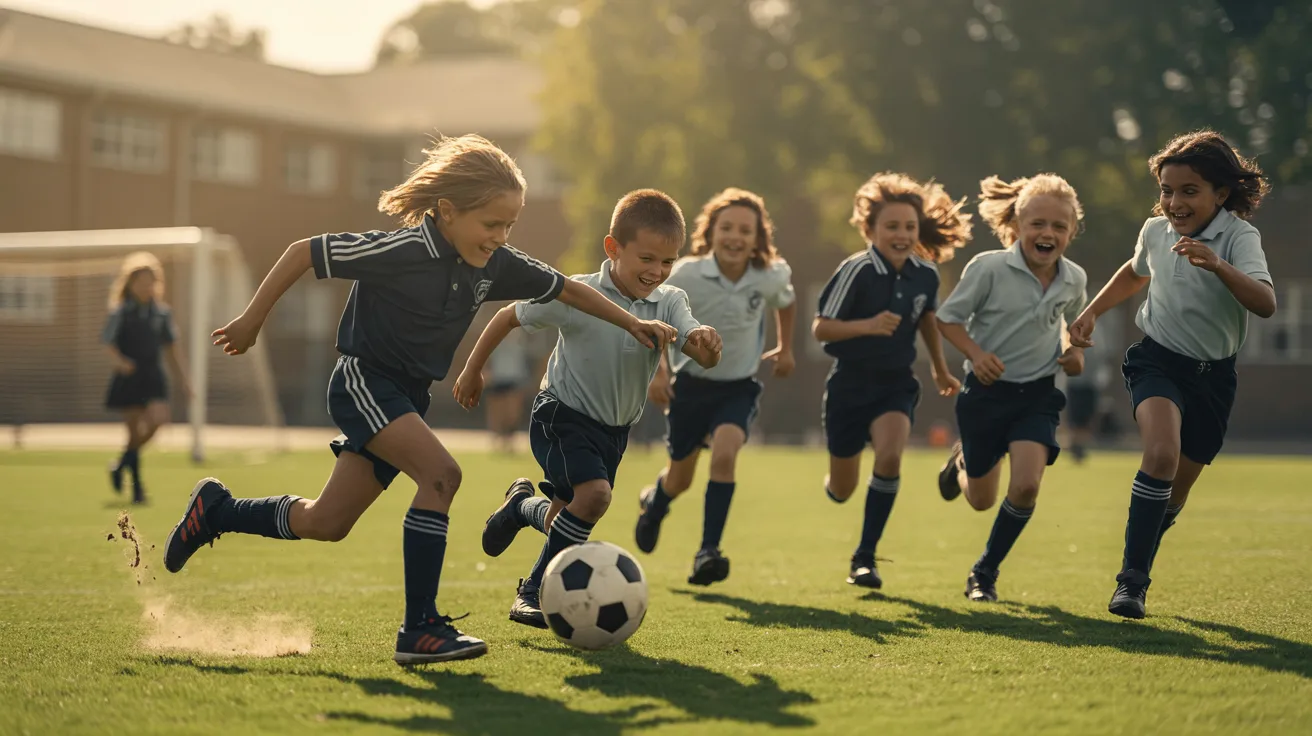 Children playing football outdoors, running and competing for the ball in an energetic sports scene with a playful and active atmosphere.
