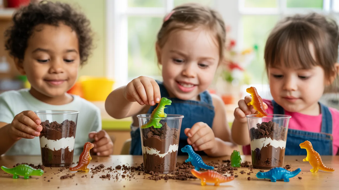 Preschool children making dinosaur dirt cups with cookies and gummy dinosaurs during a dinosaur themed activity.