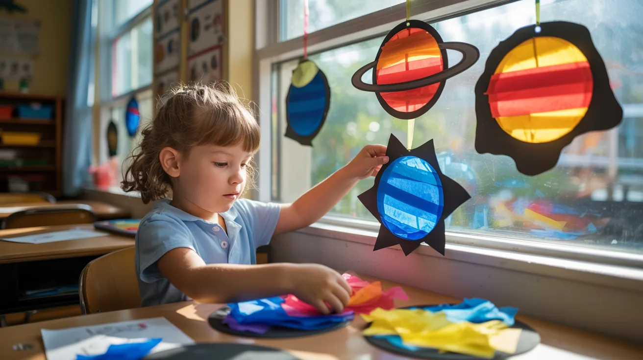 Child making planet suncatcher craft for solar system activity.