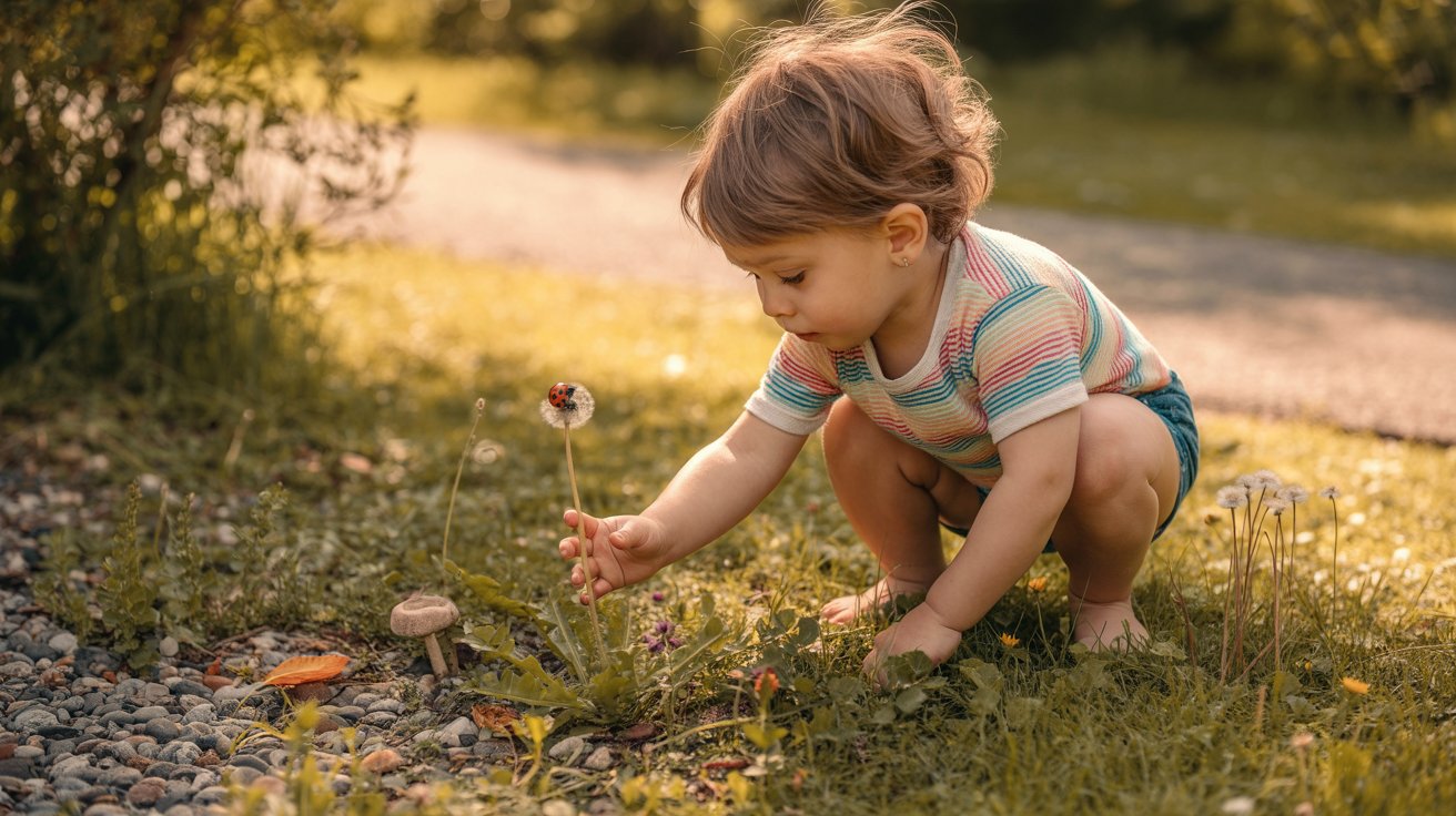 A toddler sits in the grass, joyfully playing with a colorful flower in their hands.