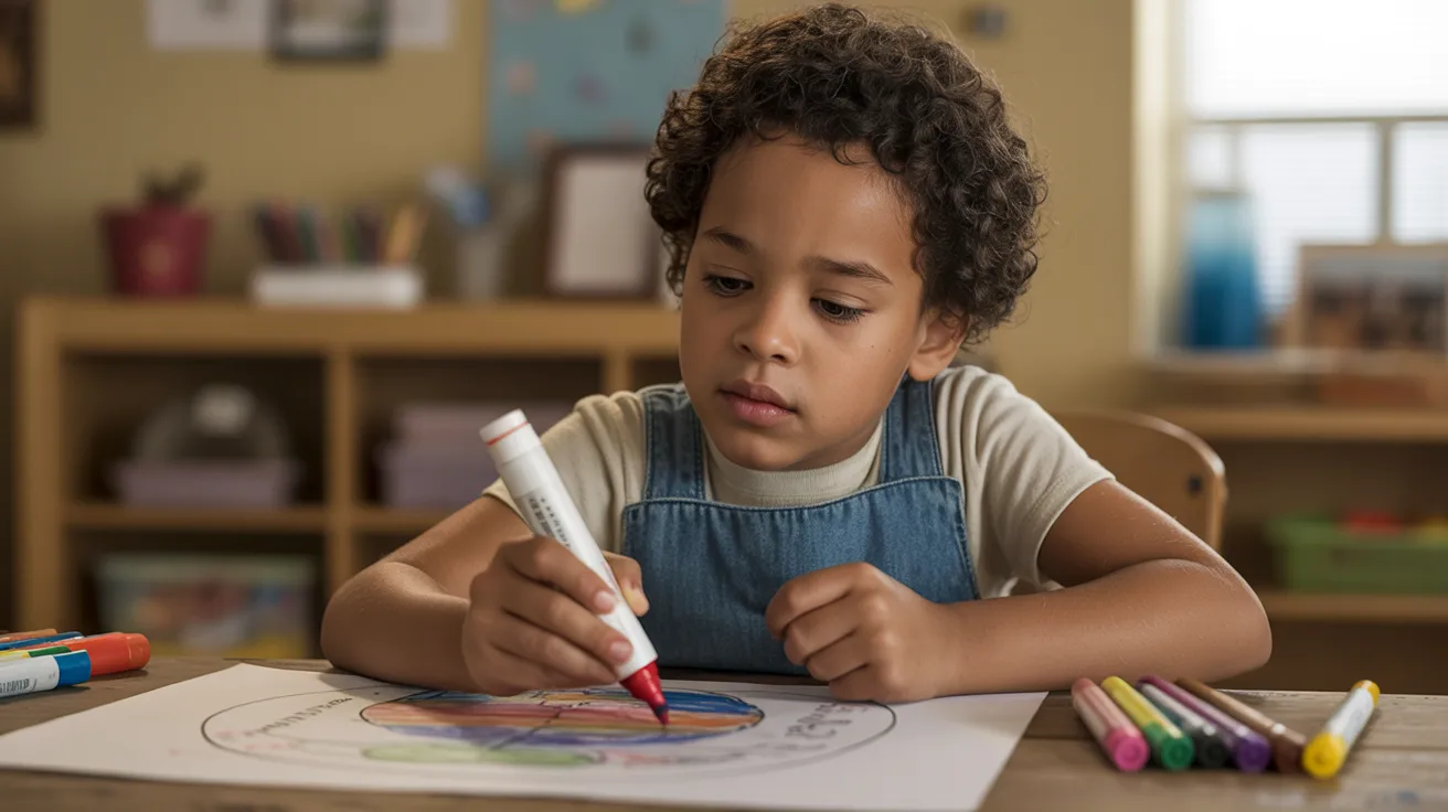 Child designing a colorful poster about respect while focusing on creativity in a classroom or home setting