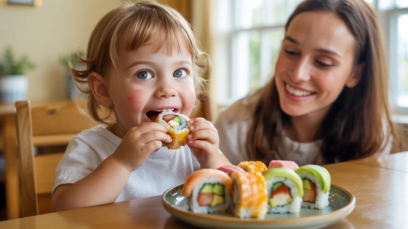 Preschool child enjoying cooked sushi rolls while parent watches closely