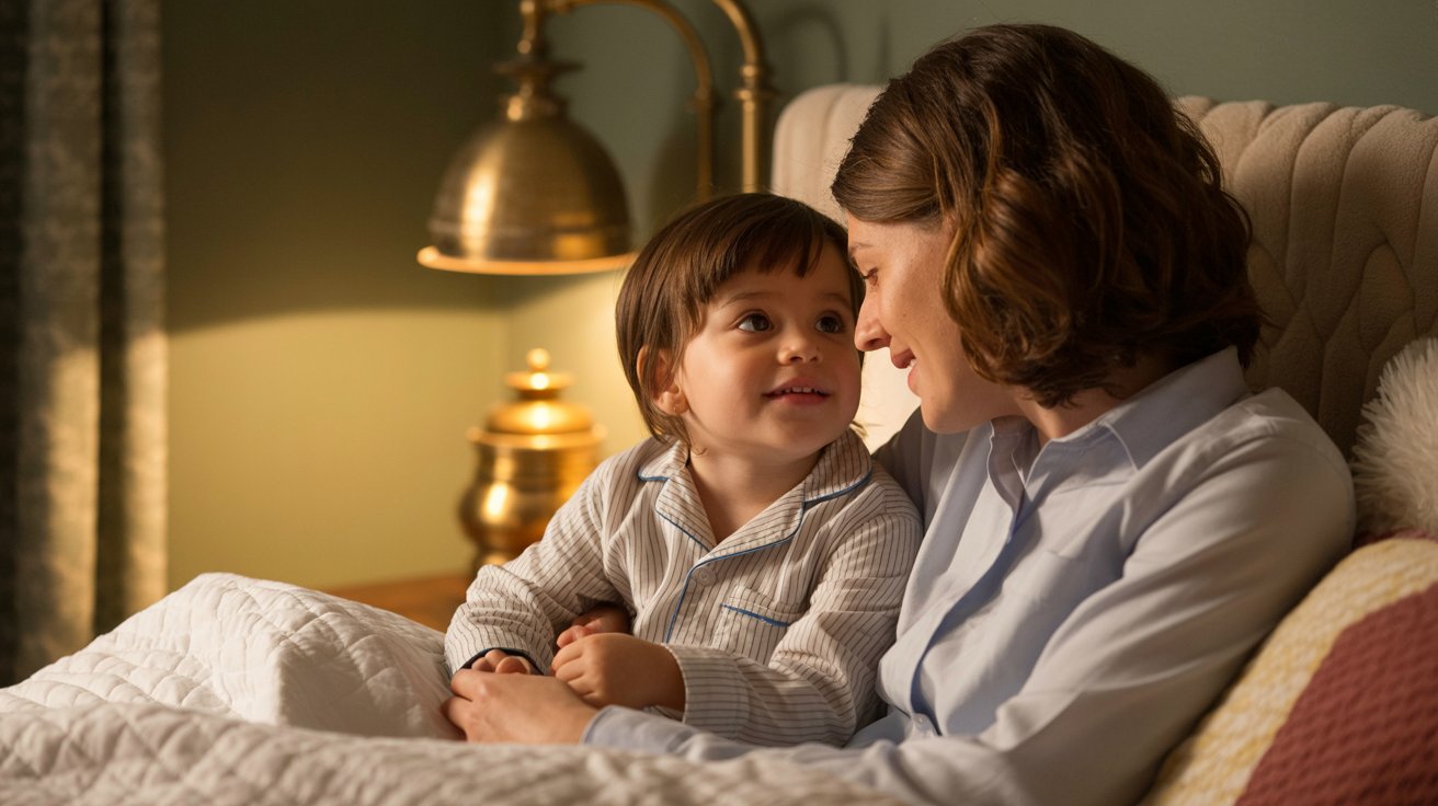 A woman and a child are sitting together on a bed, sharing a moment of comfort and connection.