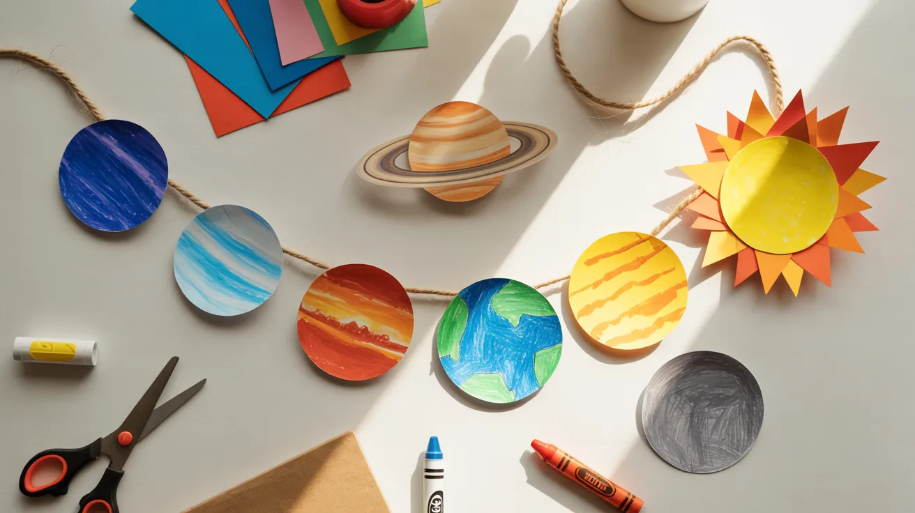 Solar system garland made from paper planets for kids classroom space activity.