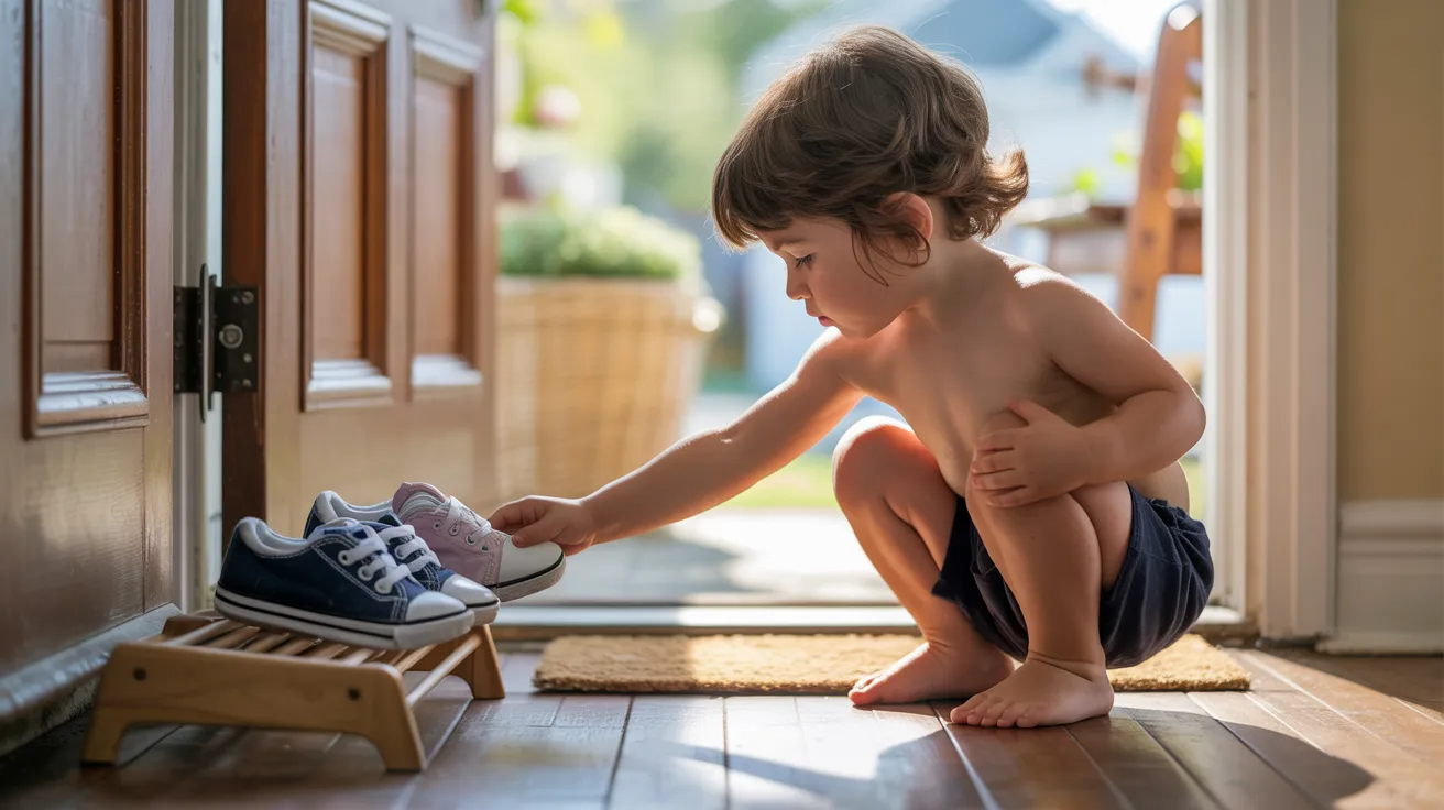 Child putting shoes in place as life skills activity for kids.