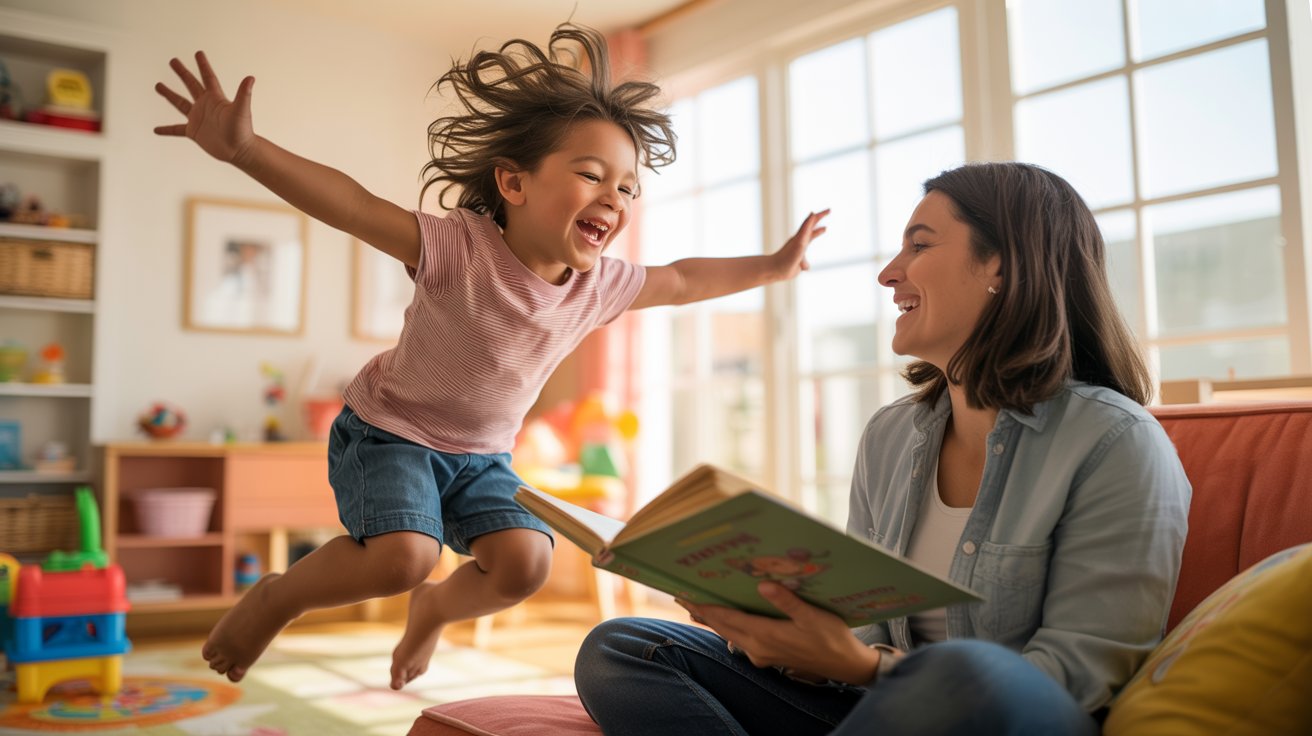 Child and parent playing a fast-paced game using opposite words and actions