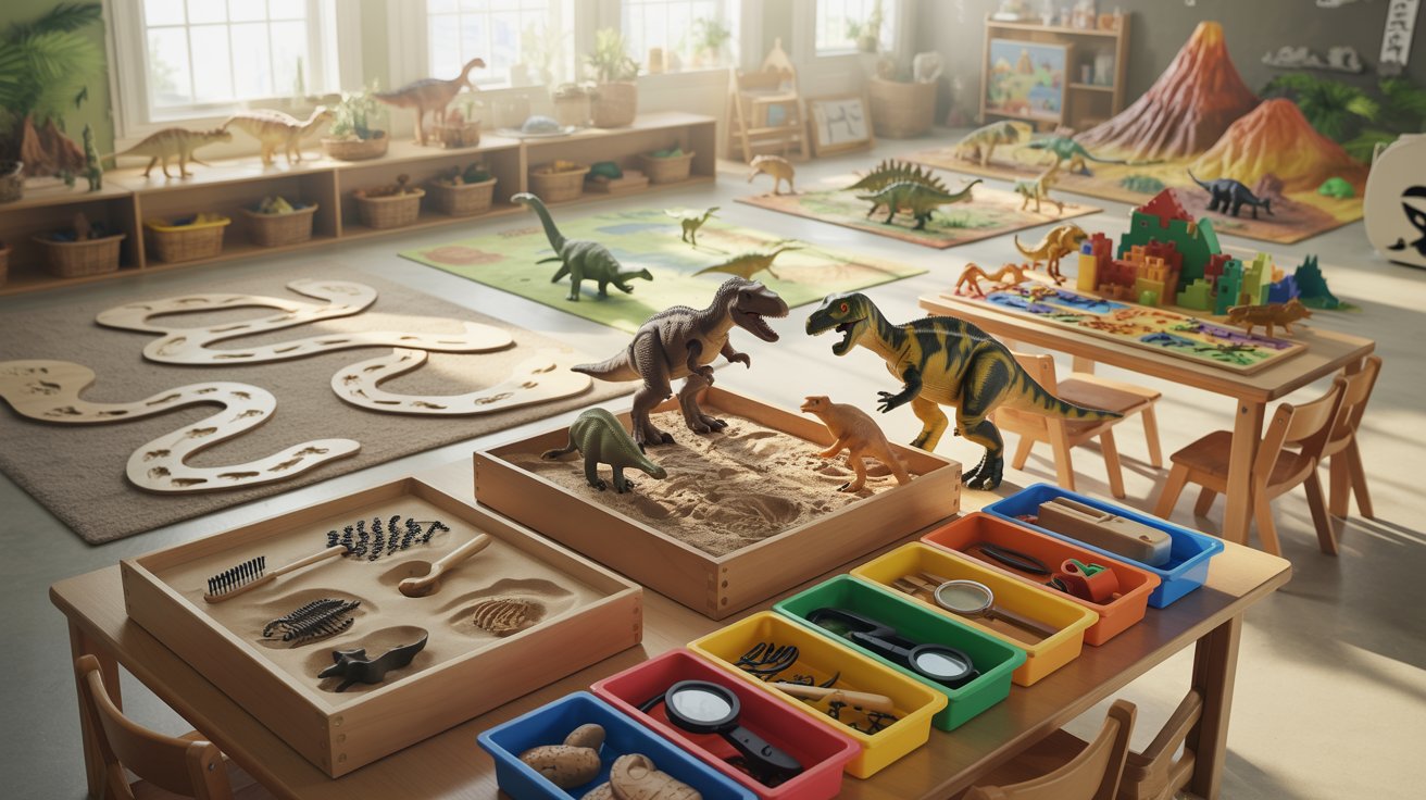 A colorful room filled with various toys, prominently featuring a large dinosaur toy among them.