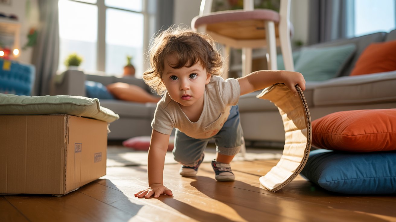 A young child crawling on the floor of a cozy living room, surrounded by toys and soft furnishings.