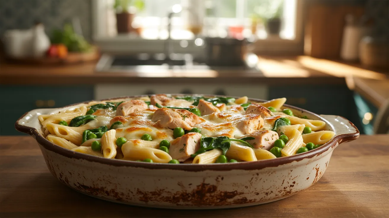 Chicken pasta baked with peas and spinach as healthy toddler freezer meal prep.
