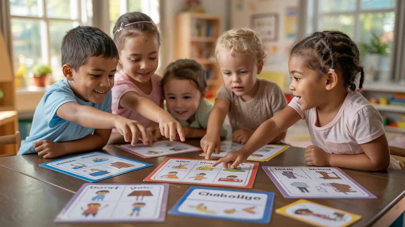 Children using chore charts, worksheets, and routine cards during life skills learning activity.