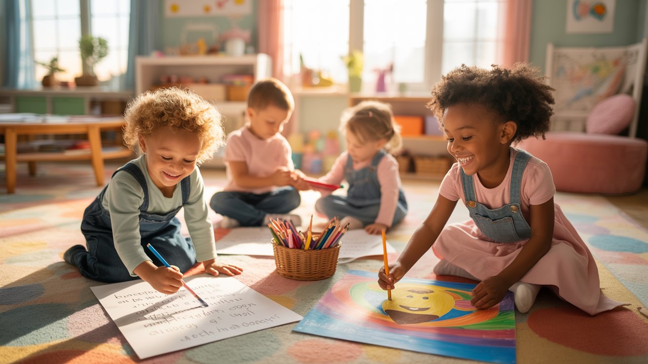 Children engaged in drawing on paper on the floor in a bright classroom setting.