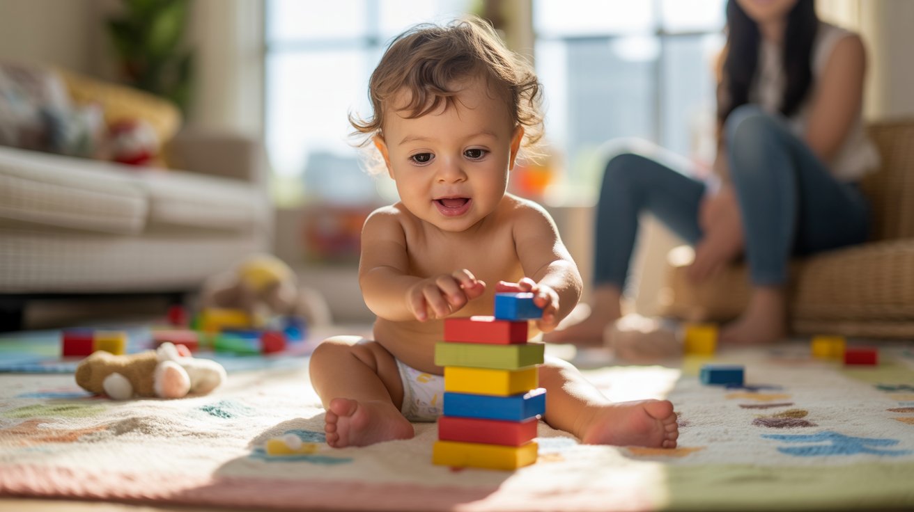 A baby plays on the floor with colorful blocks, constructing and demolishing towers in a playful activity.