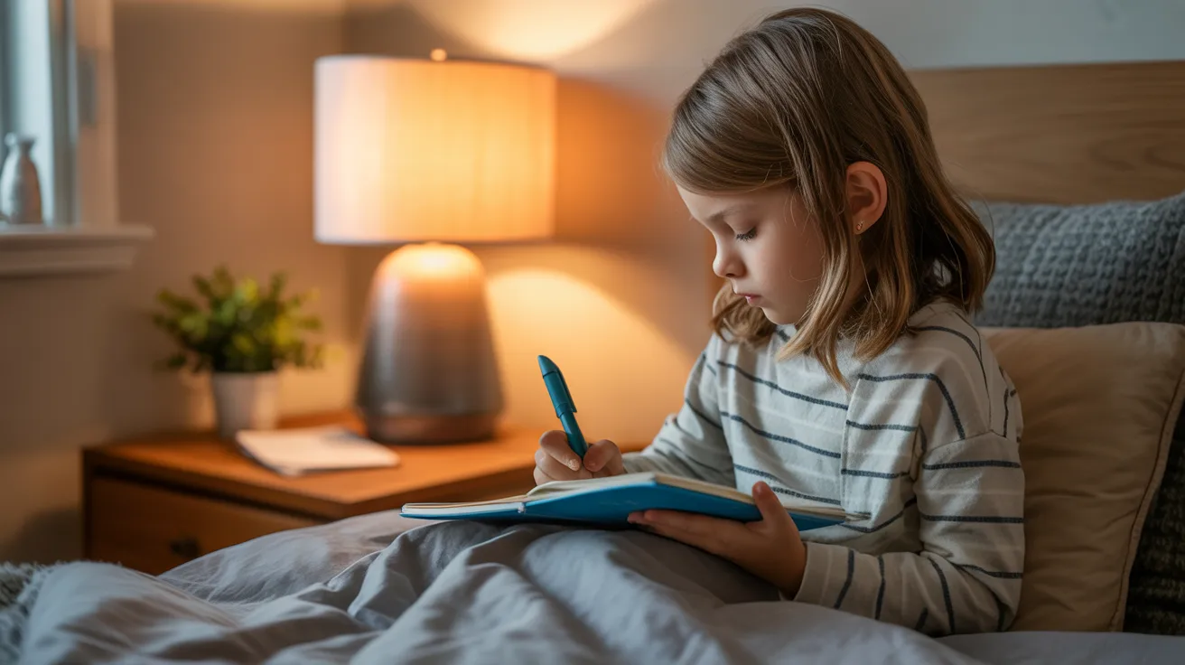 Child writing in a gratitude journal at night under soft lighting while reflecting on positive moments of the day