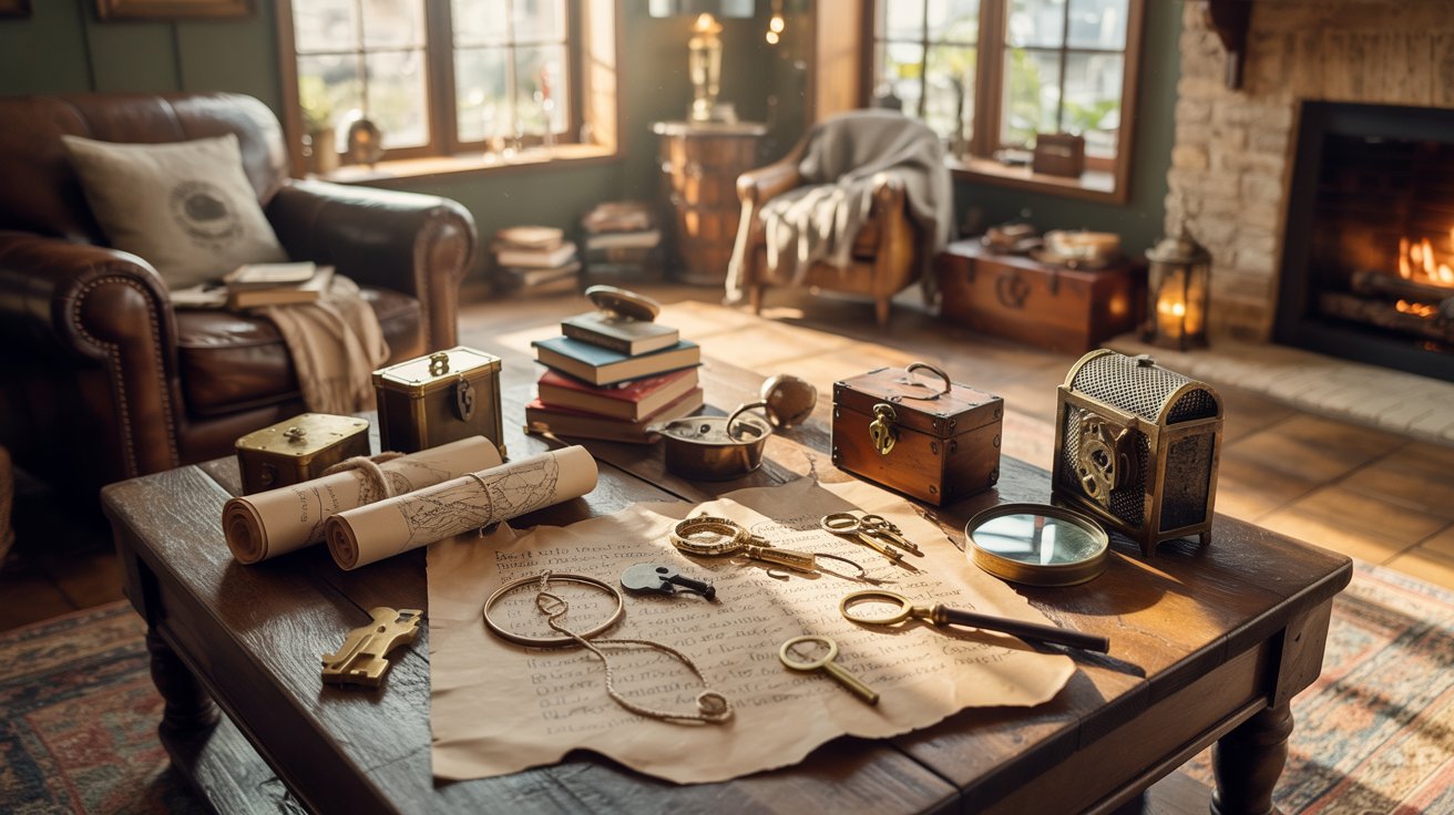 A table adorned with assorted items, set against the backdrop of a crackling fireplace, improving the room's warmth.