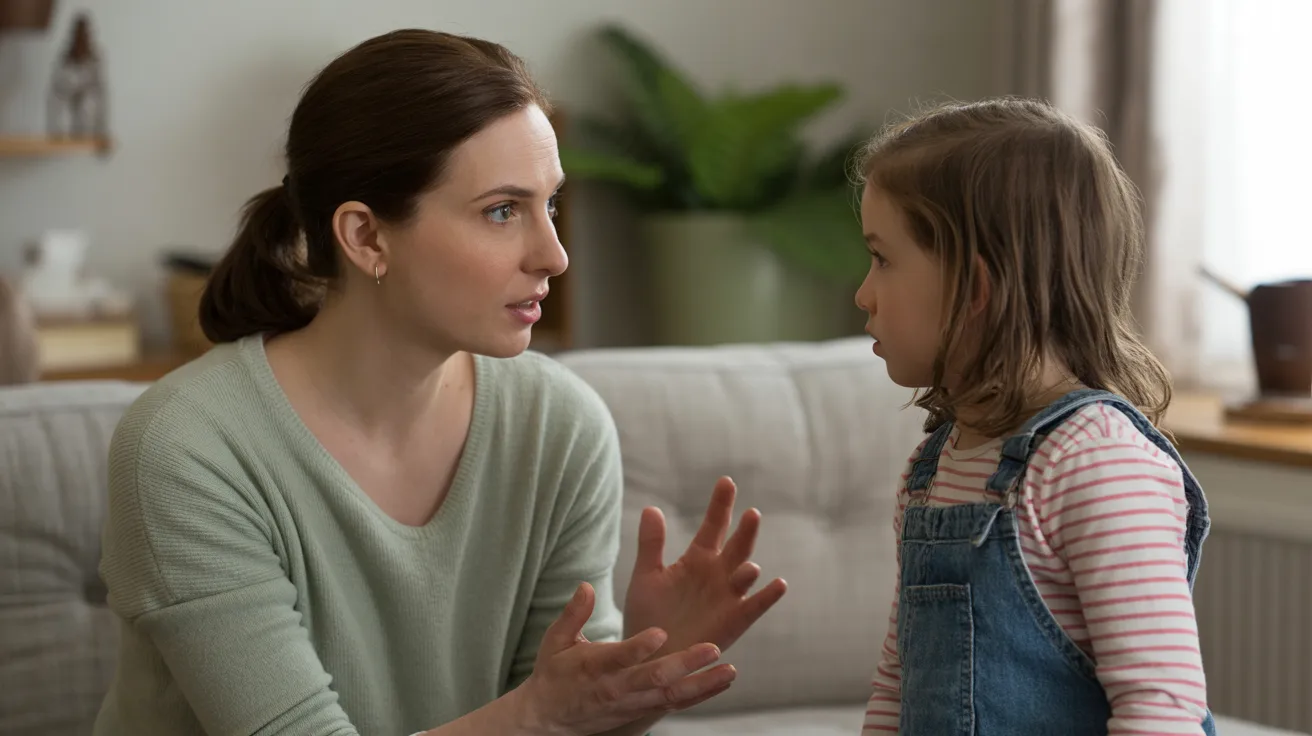 Parent gently explaining an important idea to a thoughtful child during a calm and meaningful conversation at home