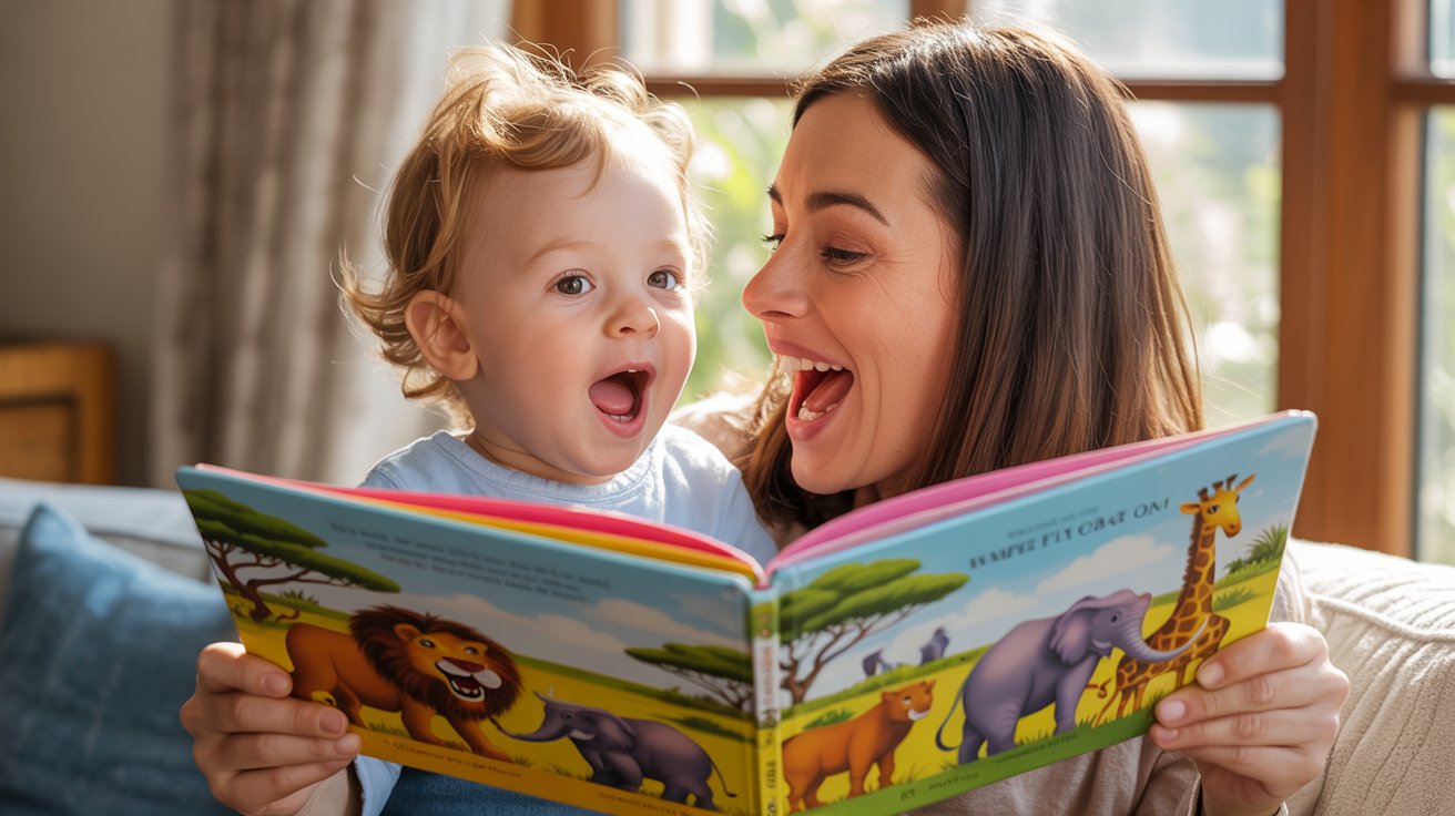 toddler learning animal sounds with parent