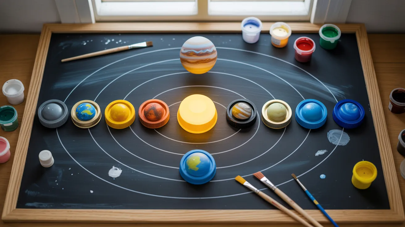 Bottle cap solar system craft arranged in order of planets for kids solar system activity.