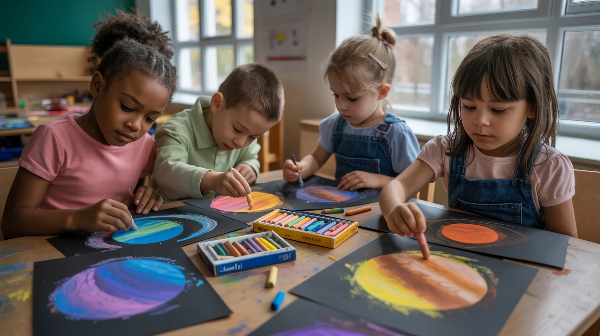 Children drawing colorful planets with chalk pastels on dark paper.