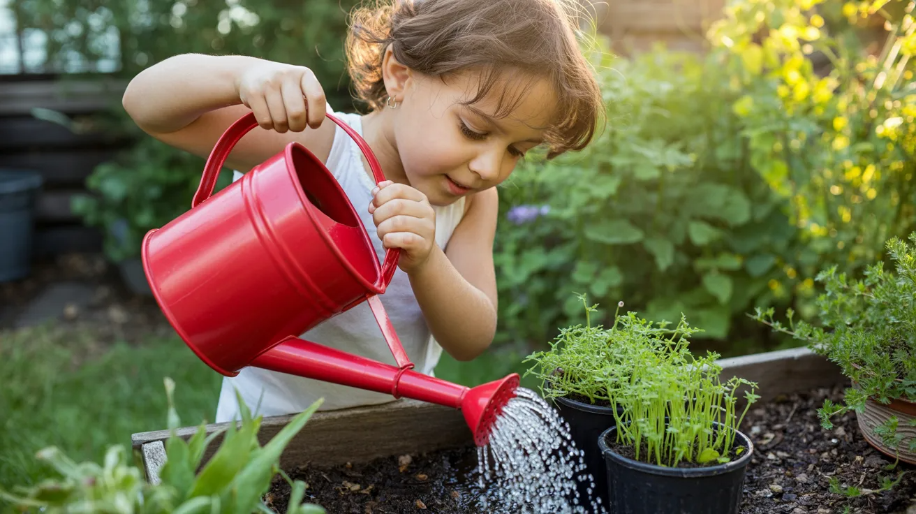Child watering plants as life skills activity for kids.