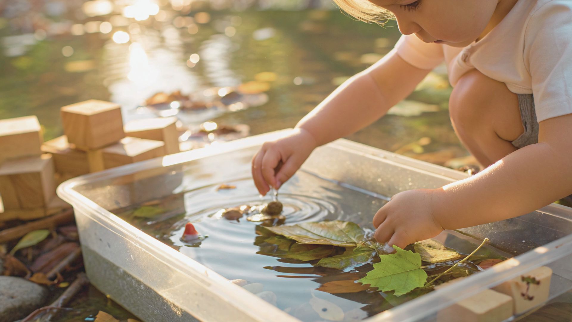 A toddler crouches beside a clear water tub outdoors, placing leaves and acorns into the water at sunset.