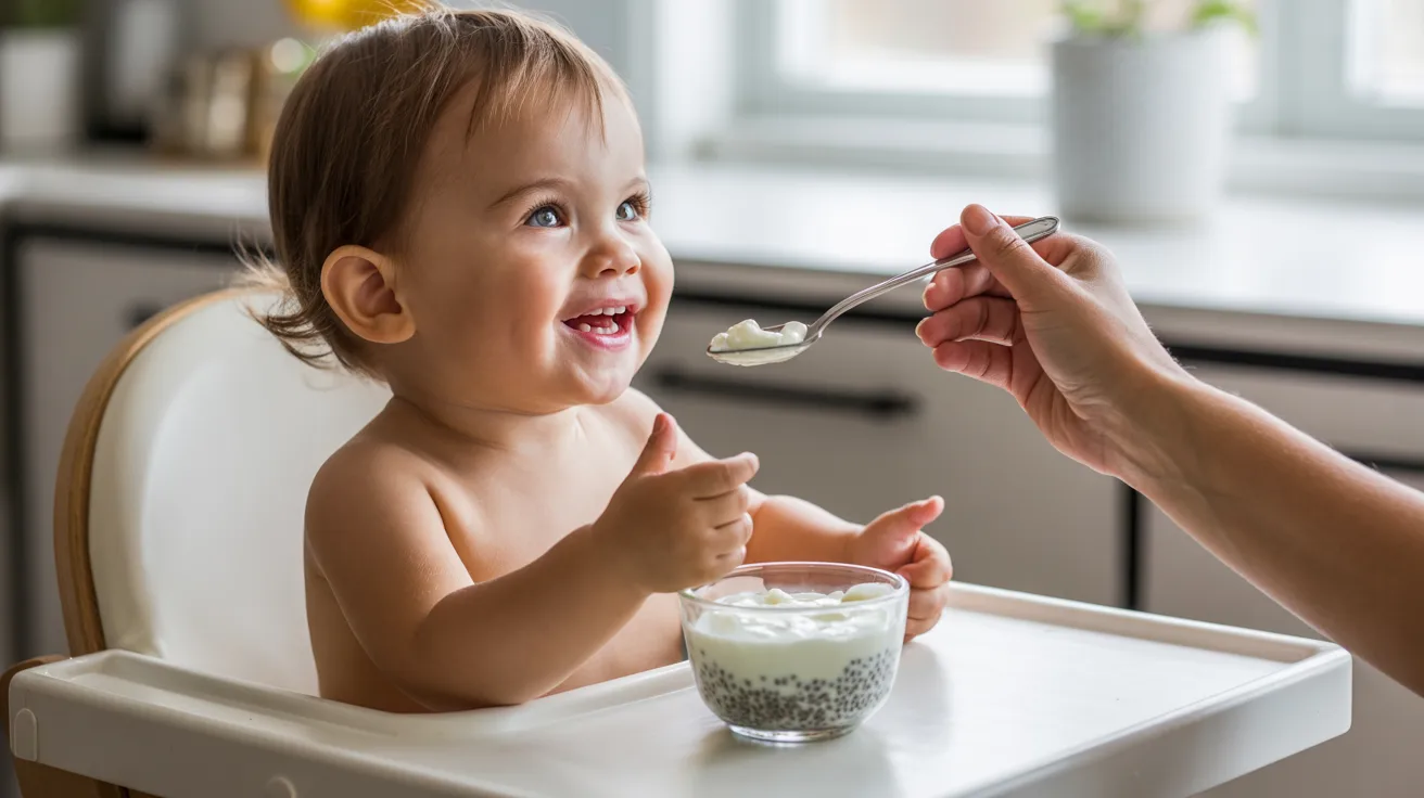 Toddler eating yogurt mixed with soaked chia seeds in a high chair