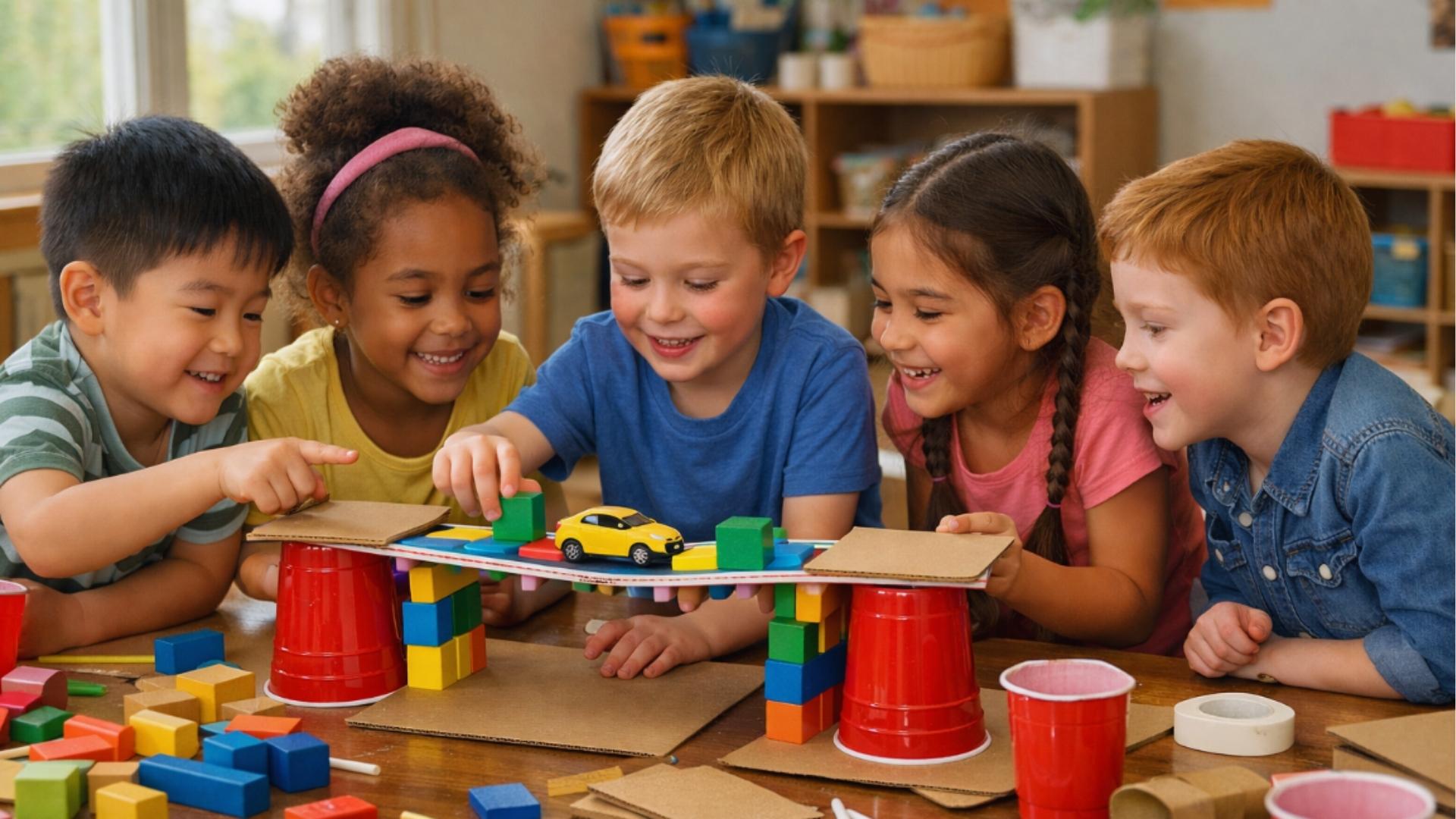 Kids playing a cooperative game together while laughing and helping each other in a fun indoor environment