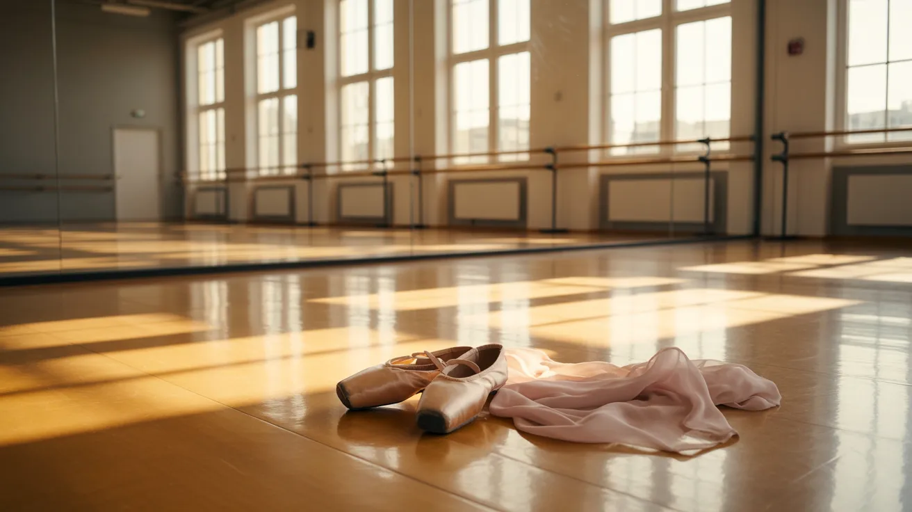 Dance studio interior with a costume piece and fabric cloth lying on the floor, creating a creative rehearsal space with a performance-oriented atmosphere.