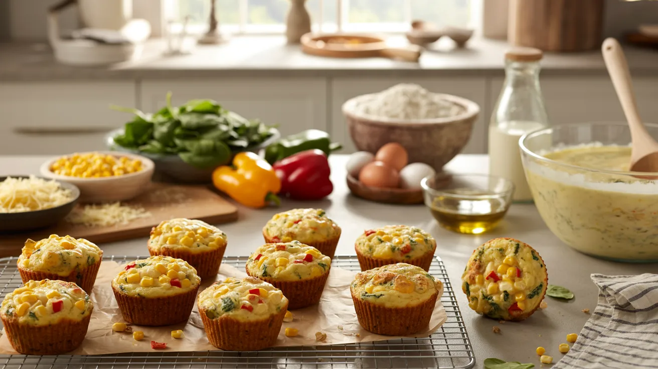 "Freshly baked cheese and veggie savory muffins cooling on a rack with corn, bell peppers, spinach, and grated cheese in a warm sunlit kitchen showing a healthy savory snack for kids."