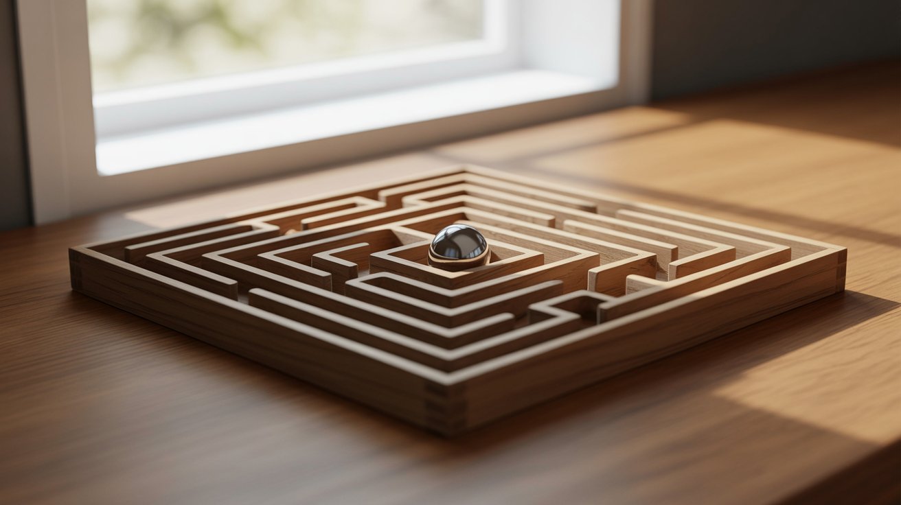 A maze on a wooden table, highlighting the contrast between the smooth metal and the textured wood.