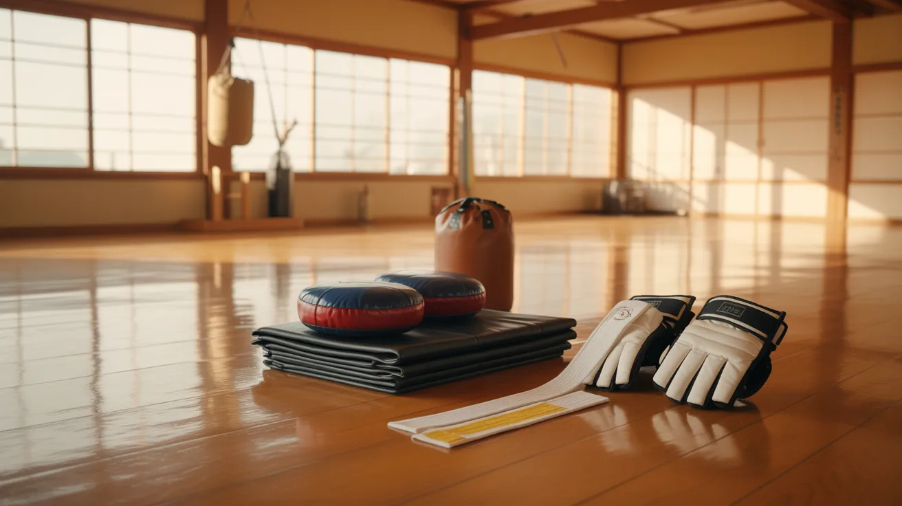 Karate training studio with martial arts accessories placed around, including training gear and equipment in a clean dojo setting designed for practice and discipline.