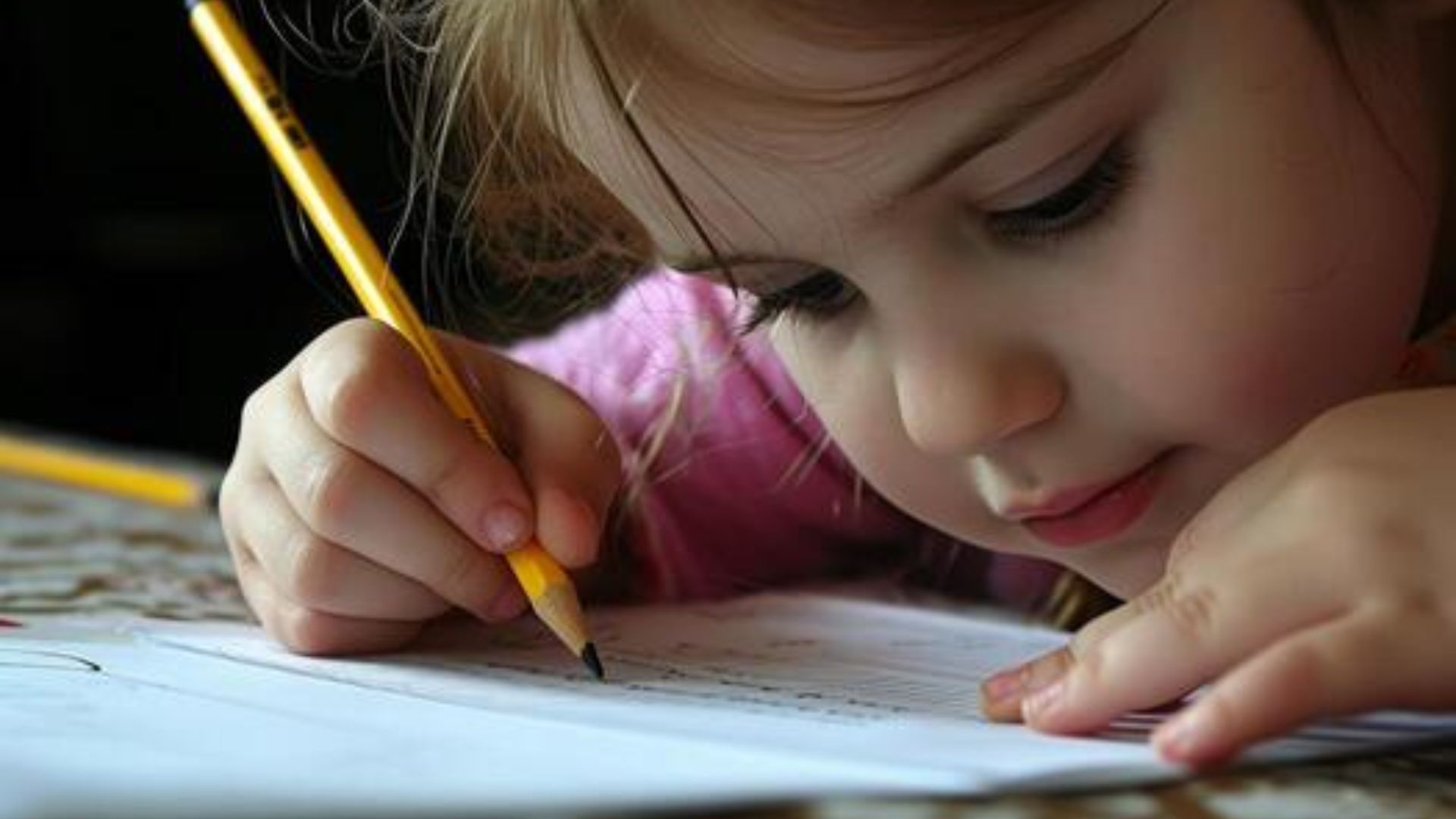 Close-up of a young student in a pink shirt concentrating as she writes with a yellow pencil on lined paper.