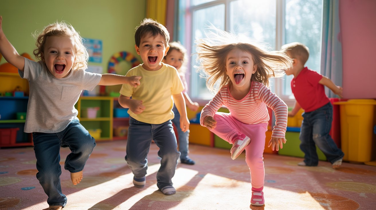 Children joyfully playing in a classroom, arms outstretched, engaging in a fun group activity.
