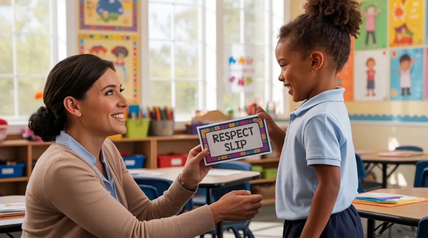 Teacher giving a respect recognition slip to a smiling child in a classroom to encourage positive behavior