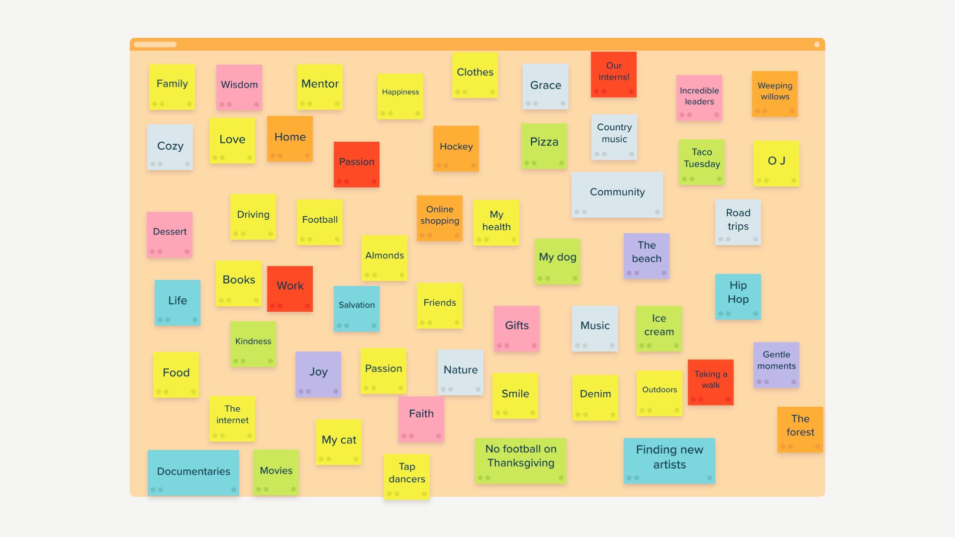 A board covered with various colored sticky notes, showcasing a range of ideas and reminders.